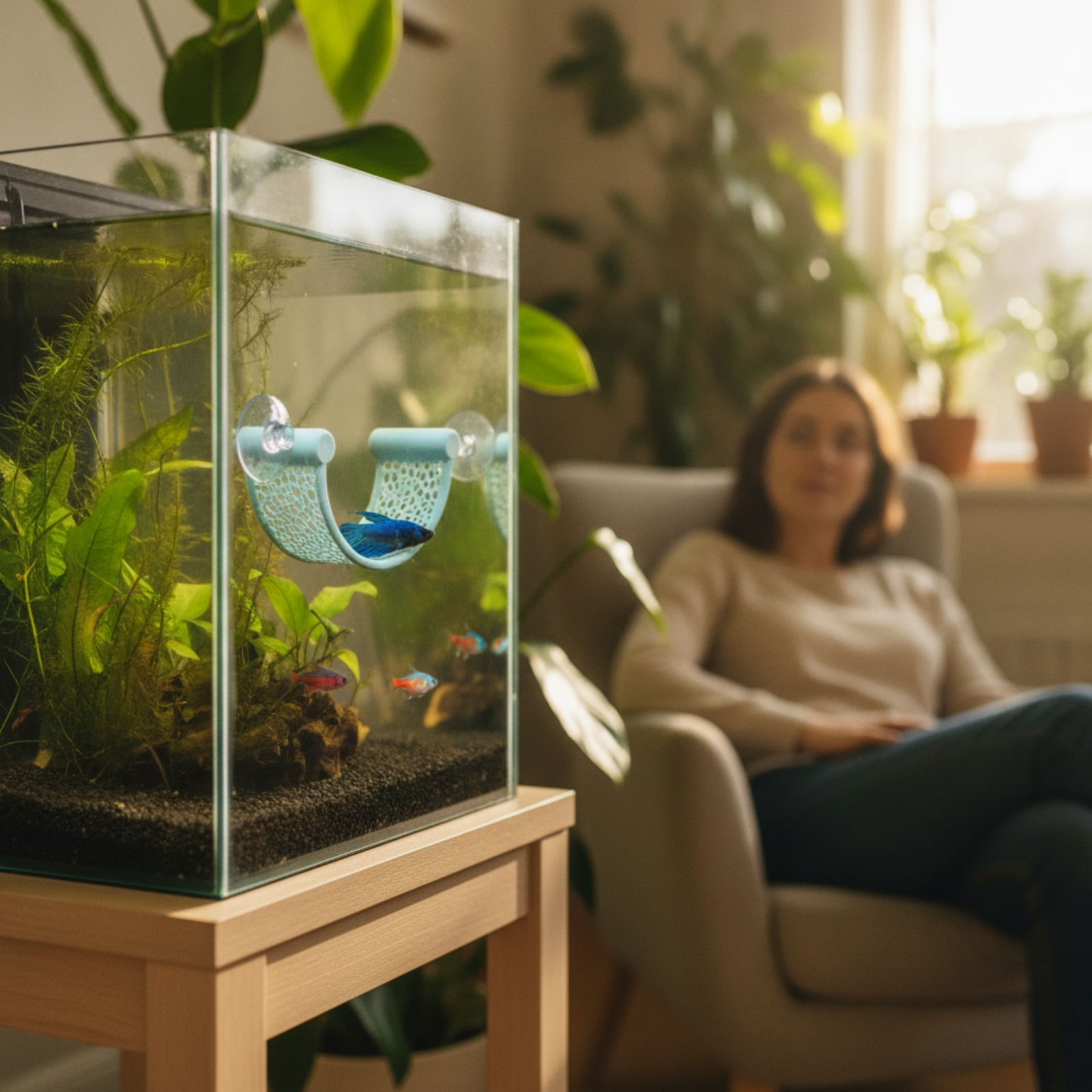 Aquarium Planted Setup - Betta Aquatic Resting Perch Space-Saving Mesh